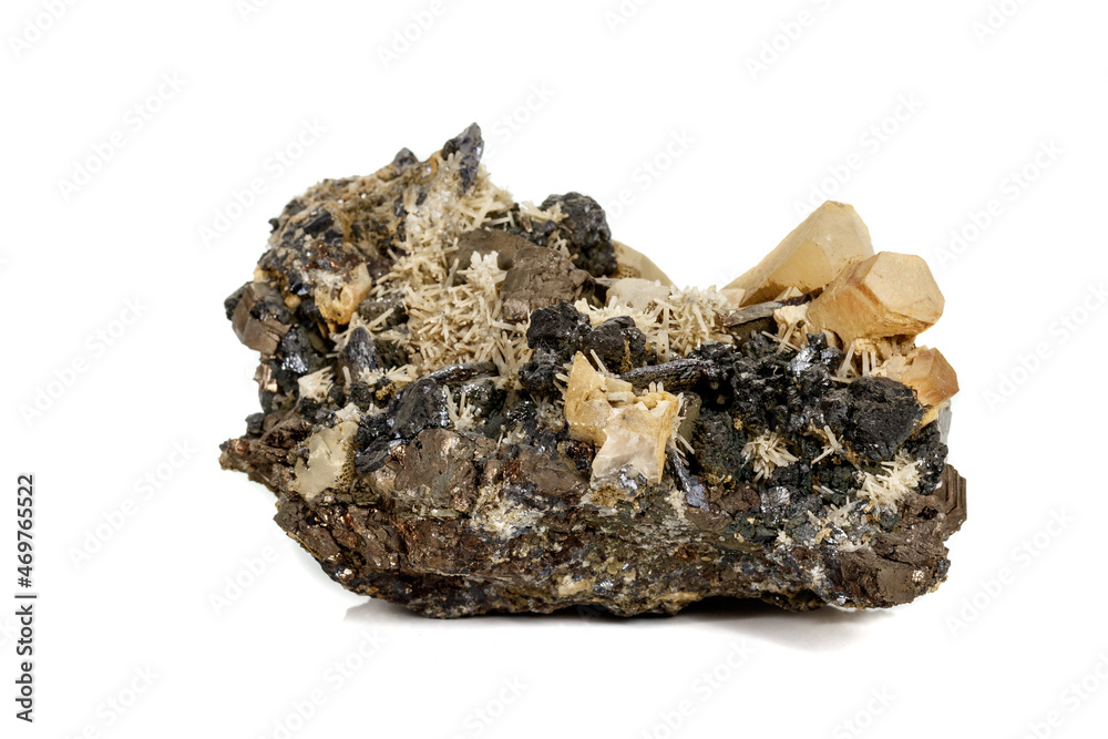Macro stone mineral Pyrrhotite, quartz, Sphalerite, calcite, Galena on white background