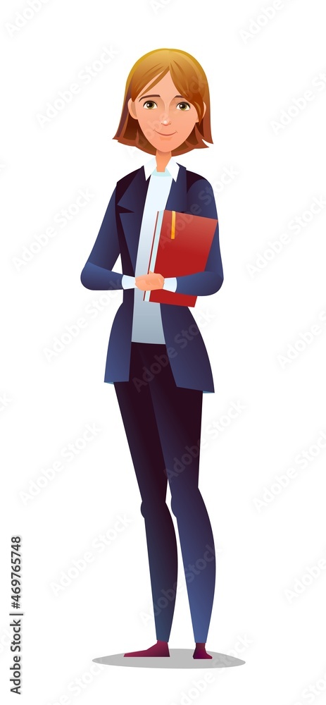Successful businesswoman. Cheerful persons in standing pose. Woman in business suit and tie. Cartoon comic style flat design. Separate character. Illustration isolated on white background. Vector Successful businesswoman. Cheerful persons in standing pose. Woman in business suit and tie. Cartoon comic style flat design. Separate character. Illustration isolated on white background. Vector