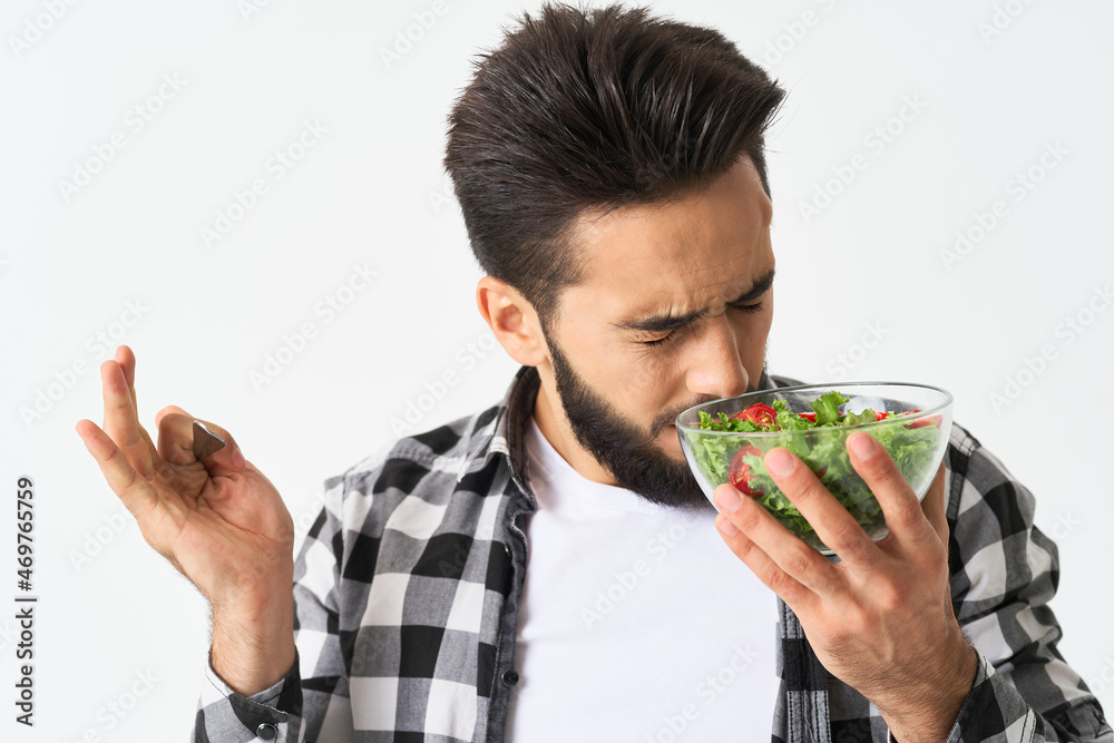 emotional bearded man in plaid shirt plate with salad emotional bearded man in plaid shirt plate with salad