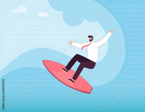 Businessman surfing in digital waves of numbers and binary codes. Man exploring virtual space in search of ideas flat vector illustration. Business challenge, analysis of data, programming concept
