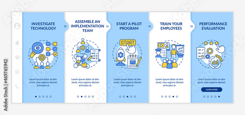 Technology implementation onboarding vector template. Responsive mobile website with icons. Web page walkthrough 5 step screens. Integrate innovation color concept with linear illustrations