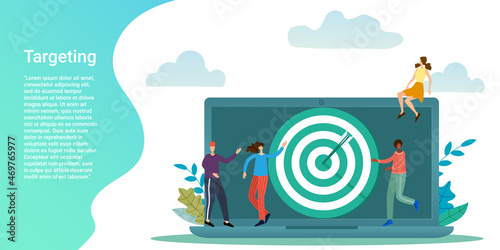 Targeting.People on the background of the target are engaged in SEO promotion.Poster in business style.Flat vector illustration.