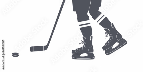 Ice skates. Hockey player with stick and puck.SVG.Silhouette.Man Ice skating on rink.Slides. Active lifestyle.Winter sport, active leisure. Training.Outdoor activity. Isolated flat vector illustration