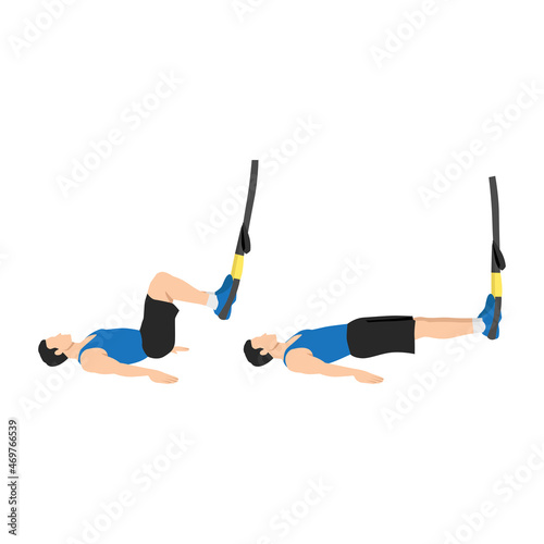 Man doing TRX Suspension strap hamstring. Leg curls exercise. Flat vector illustration isolated on white background