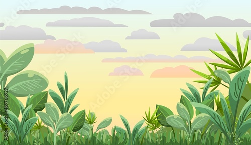 Tropical herbs and shrubs. Jungle meadow. Palm shoots trees and nice summer weather. Funny cartoon style. Green countryside landscape. Orange evening sky. Vector.