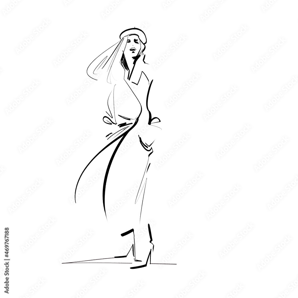 Minimalist fashion illustration of an elegant woman dressed in a sumptuous winter coat, alpino hat and high boots. Minimalist fashion illustration of an elegant woman dressed in a sumptuous winter coat, alpino hat and high boots.
