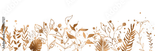 Background with plants, flowers, leaves and grass in gold. Background with floral elements, botanical watercolor illustration with gold splashes. Design elements for cards, web or your own design.