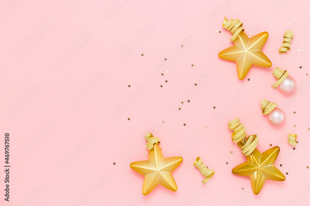 Christmas and New Year frame with Christmas balls, golden stars and glitter, copy space. Magical Christmas background Christmas and New Year frame with Christmas balls, golden stars and glitter, copy space. Magical Christmas background