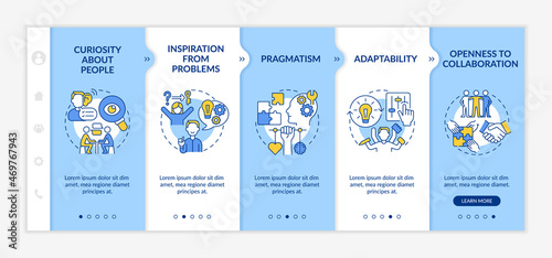 Social entrepreneurship characteristics onboarding vector template. Responsive mobile website with icons. Web page walkthrough 5 step screens. Social business color concept with linear illustrations