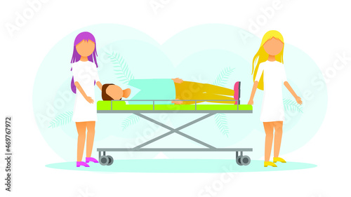 Abstract Flat Women Doctor Rolling The Gurney With The Patient First Aid Cartoon People Character Concept Illustration Vector Design Style
