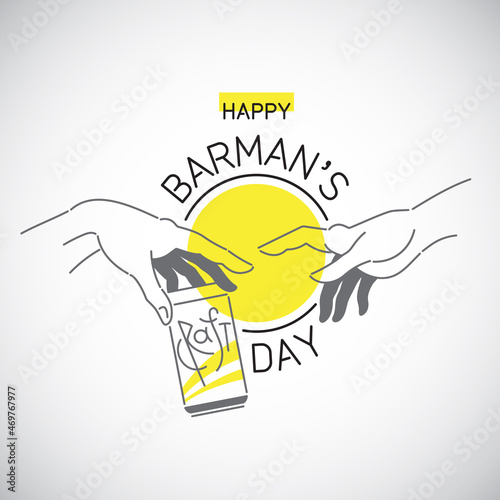 Happy Barman's day vector funny illustration, design concept. Two male hands like a creation of Adam with craft beer can and greeting. International Bartender day card. Simple linear, line drawing.