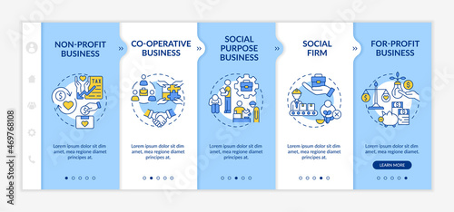 Types of social entrepreneurships onboarding vector template. Responsive mobile website with icons. Web page walkthrough 5 step screens. Business color concept with linear illustrations