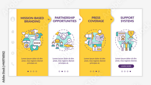 Benefits for social entrepreneurship onboarding vector template. Responsive mobile website with icons. Web page walkthrough 4 step screens. Advantages color concept with linear illustrations