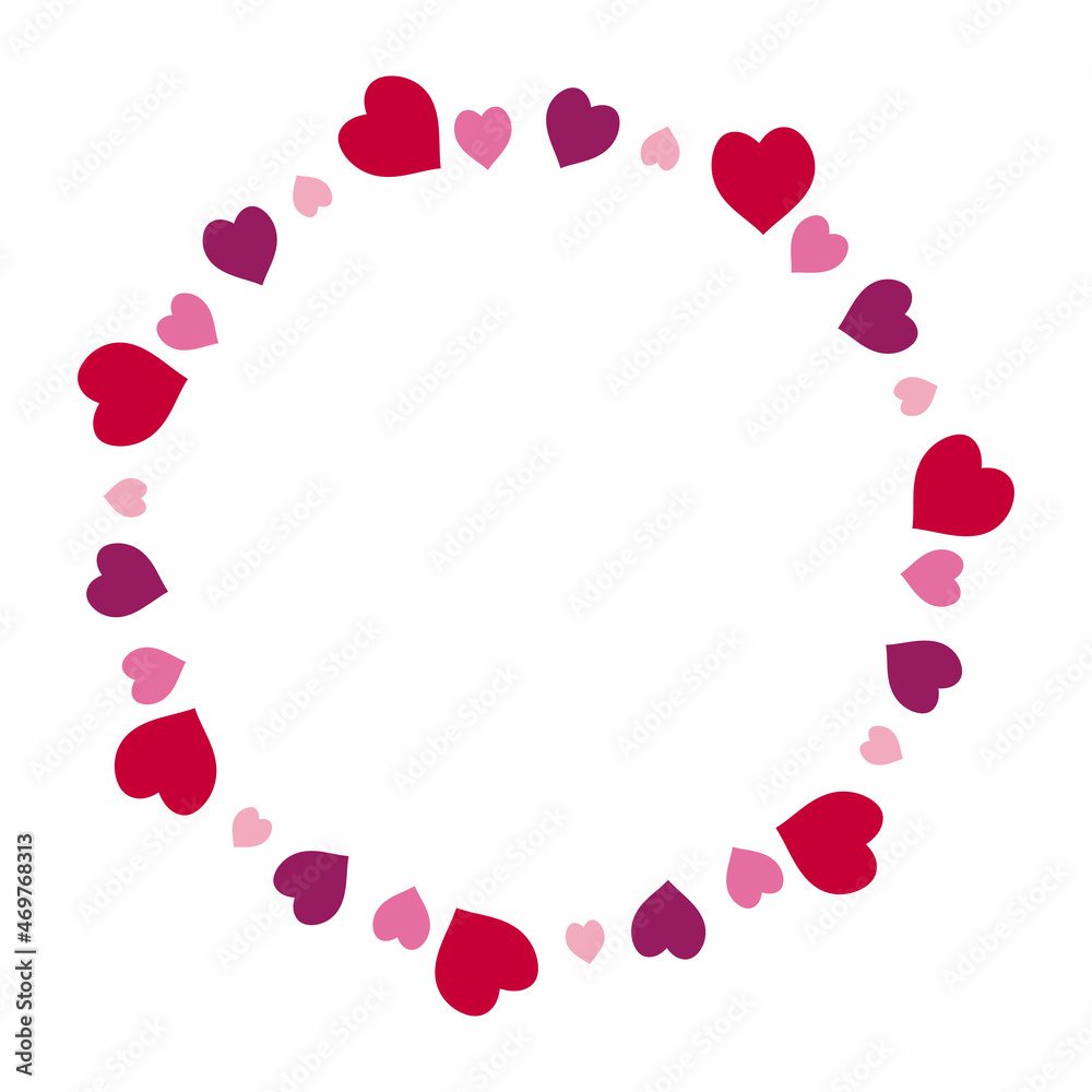 Round frame with pink and purple hearts on white background. Vector image.