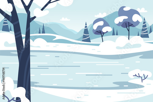 Winter background. Frozen lake and snowy landscape.