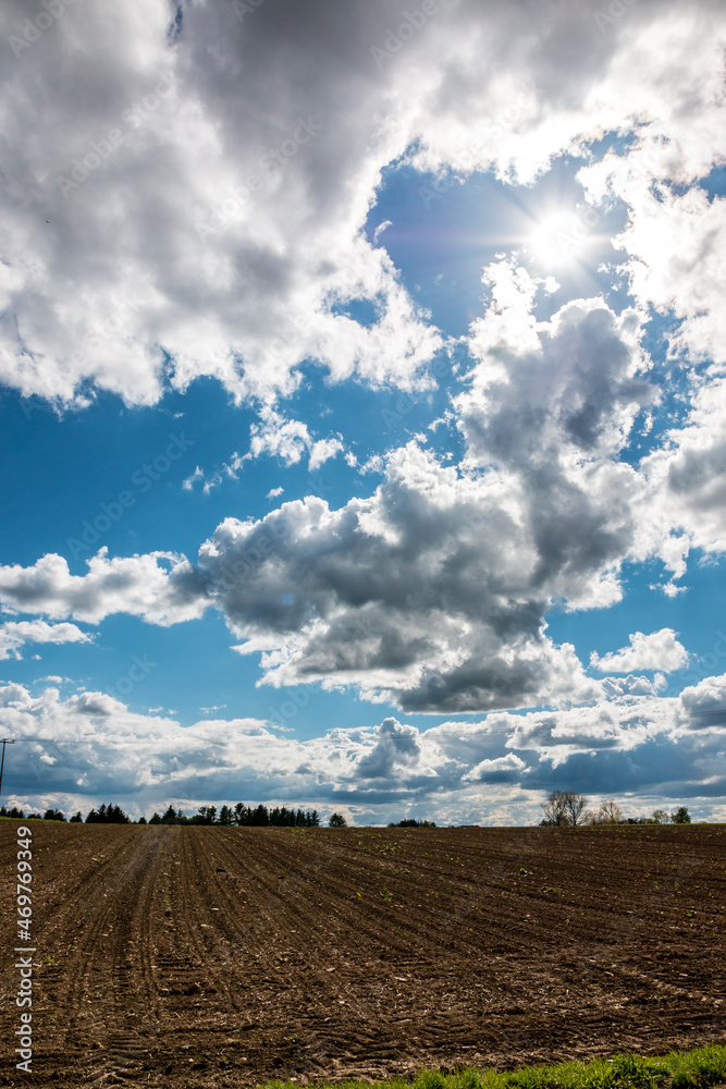Big brown fields of fertile soil and the blue sky with white clouds Big brown fields of fertile soil and the blue sky with white clouds