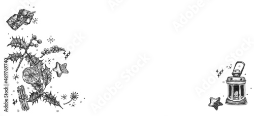 Banner con decorazioni natalizie nere isolate su sfondo bianco photo