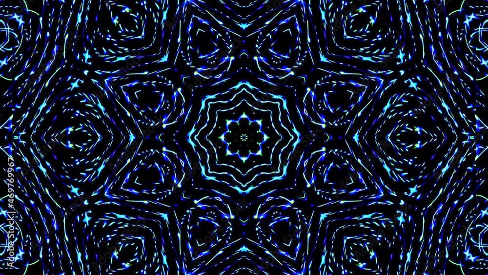 Abstract Kaleidoscope pattern with blue colors. Magic mandala. 4k