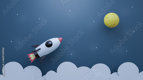 Rocket fly to the Moon on sky and cloud 3D Rendering