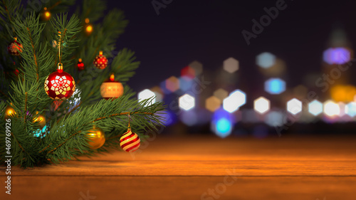 Red Christmas Ball hang on Christmas Tree on wooden floor with blur background 3D Rendering