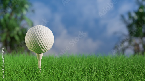 Close up view Golf ball on tee on green grass 3D Rendering