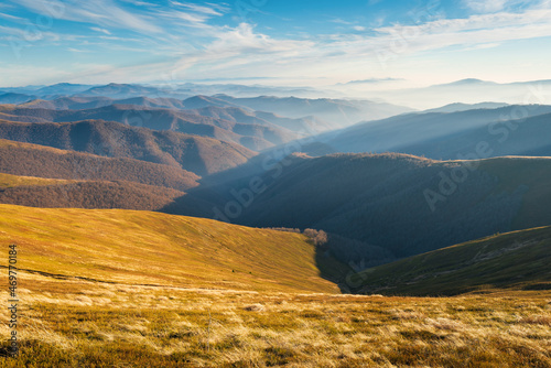 Majestic panorama of the mountains on a sunny autumn day. Location Karpaty, Ukraine, Europe. The world of beauty.