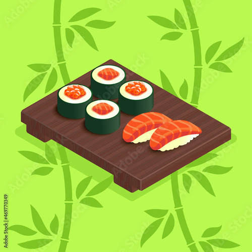 Wooden tray with rolls and sushi