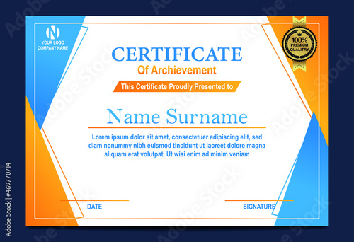 light blue and orange certificate template. diploma of achievement with badge. photo