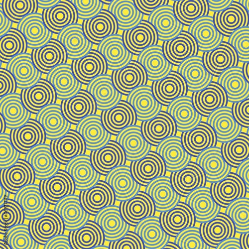 Regular blue and cyan circles on a yellow background. Geometric pattern for wallpaper and coloring pages