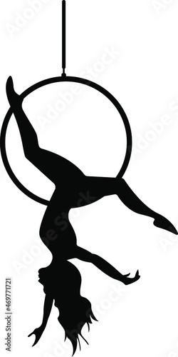 Graceful aerial acrobat doing her performance with a hoop isolated on white background, vector illustration. beautiful young woman dancer on the hoop icon