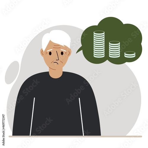 Depressed sad grandfather thinks about financial problems and debt. Grandpa needs money. Vector of loss, financial ruin, small pension