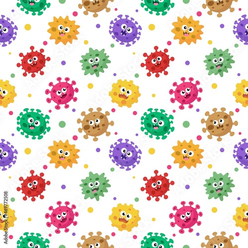 Cartoon virus and bacteria character seamless pattern  Isolated on white background. Vector Illustration.