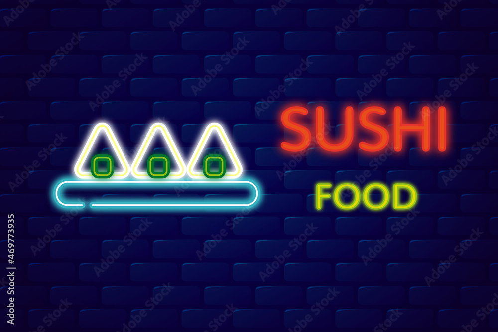 Obraz premium Neon banner with Asian food. Glowing sushi sign.