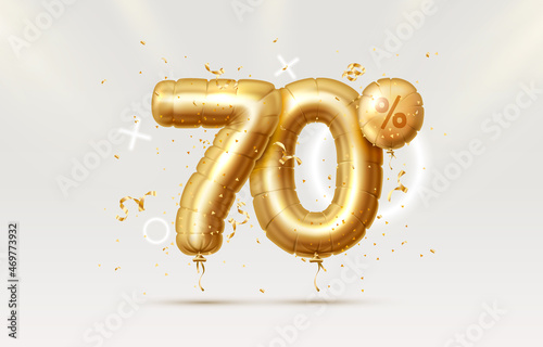 70 Off. Discount creative composition. 3d Golden sale symbol with decorative objects, heart shaped balloons, golden confetti, podium and gift box. Sale banner and poster. Vector