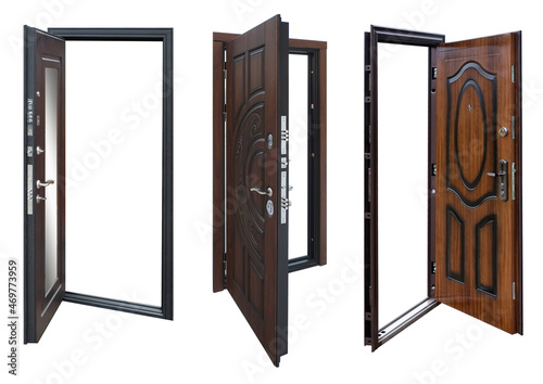 Set of models of open entrance metal doors isolated on white background photo