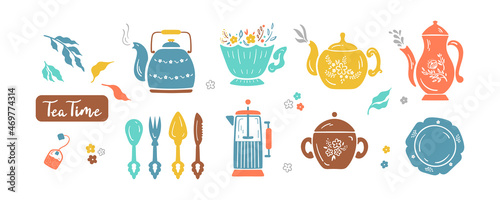 Cartoon Kettle. Teapots Vector Set. Tea and Coffee Household Utensils Colorful Collection