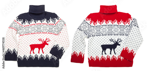 Children's knitted warm seasonal Christmas turtleneck jumpers (Ugly sweaters) with deer and snowflake ornament isolated on white background