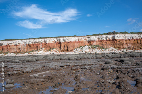 Boulders, or stones arranged in straight lines covered in mussels and barnacles at Hunstanton Beach, Norfolk