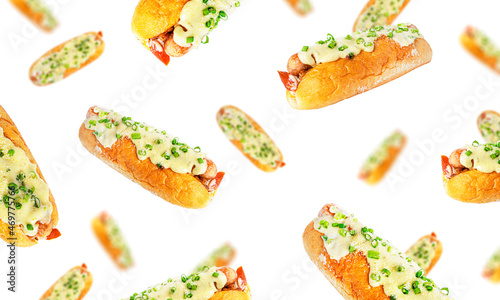 Hot dog isolated on a white background. Fast food isolated. Flying hot dogs.