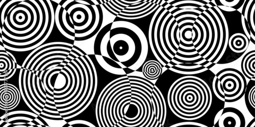 Geometric seamless black and white background with striped circles. For the design of packaging, wallpaper, fabric, web. Visual distortion. Optical illusion. Op art.