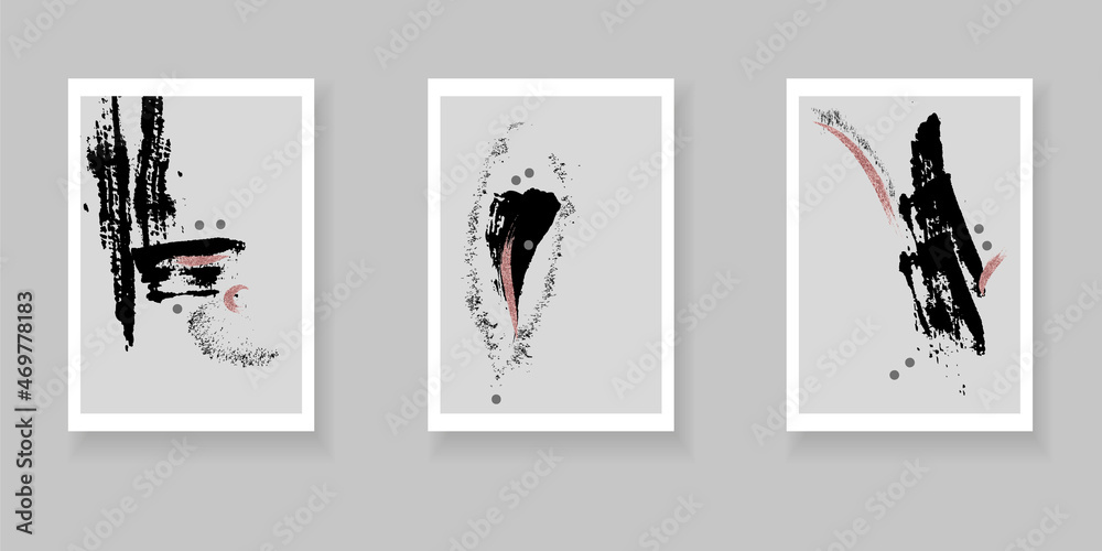 Set of minimalistic elegant wall decor posters. Black strokes and spots with grunge texture on  gray background. Creative templates for parties, cards, posters, covers, labels, home decor.
