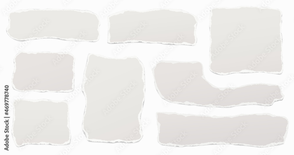 Set of torn grey note, notebook paper pieces stuck on white background. Vector illustration