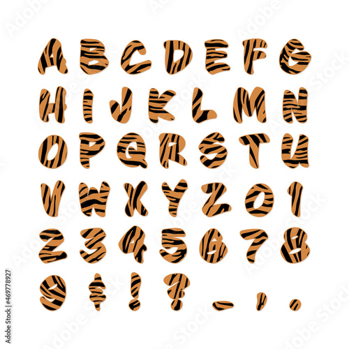 Tiger skin font, wild animal alphabet, tiger print letters and numbers