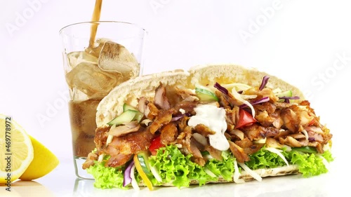 Cola in ein Glas einschenken mit Fast Food auf weißem Hintergrund