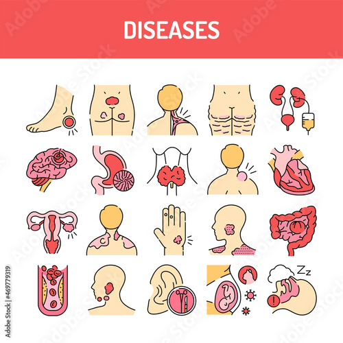Diseases color line icons set. Pictograms for web page