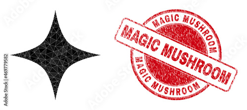 Low-Poly polygonal black star 2d illustration, and Magic Mushroom dirty stamp. Red stamp seal includes Magic Mushroom tag inside round it. Black star icon is filled with triangles.