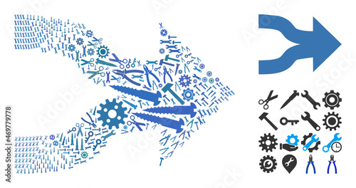 Service join arrows mosaic of service tools. Vector join arrows is formed from gear wheels, spanners, and other tools, and based on join arrows icon. Abstraction of tuning service.
