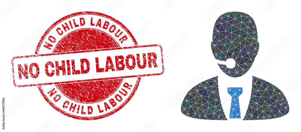 Low-Poly polygonal call center manager symbol illustration with No Child Labour rubber seal print. Red stamp seal contains No Child Labour title inside circle form.