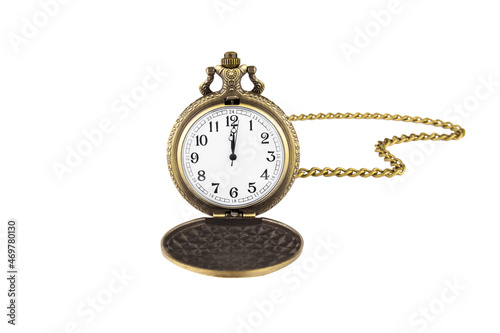 Open bronze pocket watch with 12 o'clock on the dial, with chain, isolated on white background