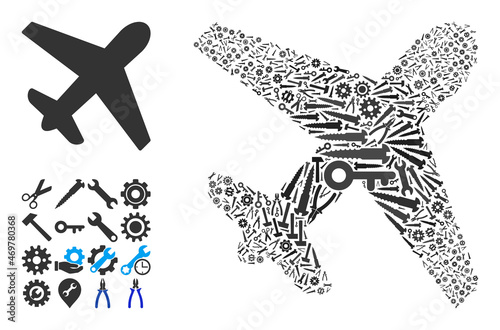 Repair service airplane collage of tools. Vector airplane is composed of gearwheels, wrenches, and other tools, and based on airplane icon. Concept of technical service.